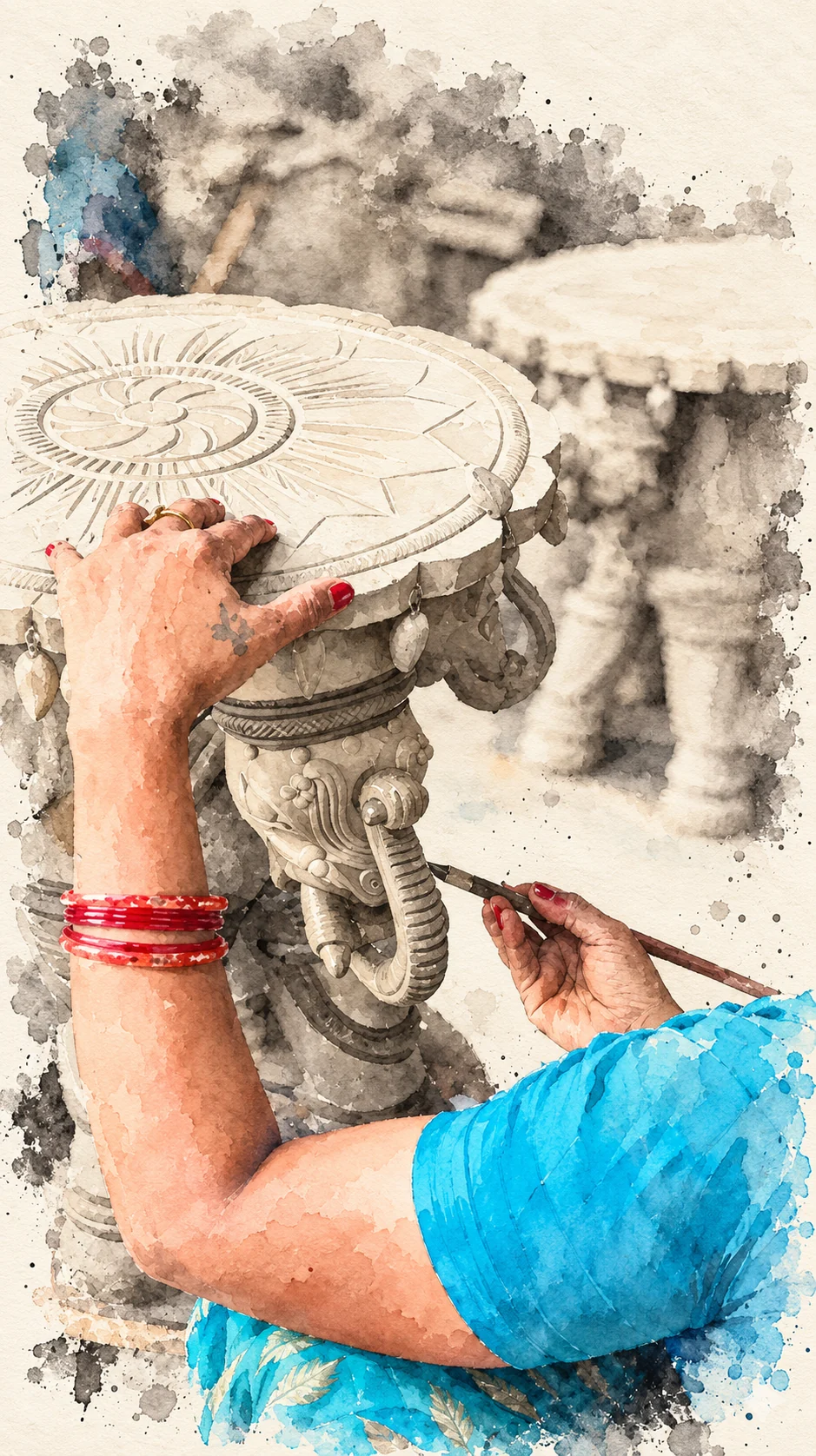 Watercolor of an artisan adding details to an elephant-shaped terracotta piece in Aurangabad