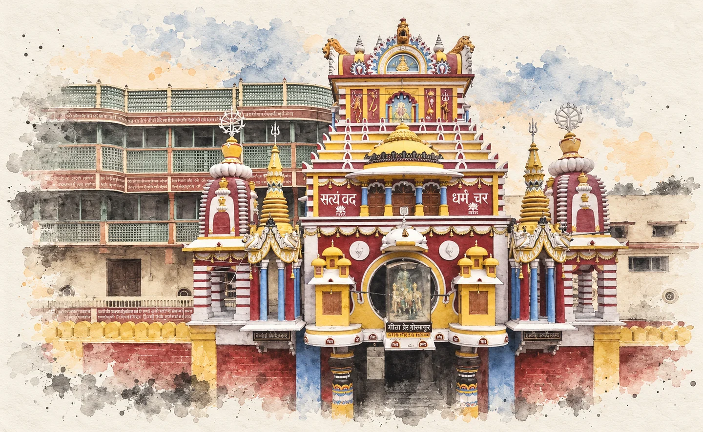 Watercolor of the colourful temple-inspired entrance to Gita Press in Gorakhpur