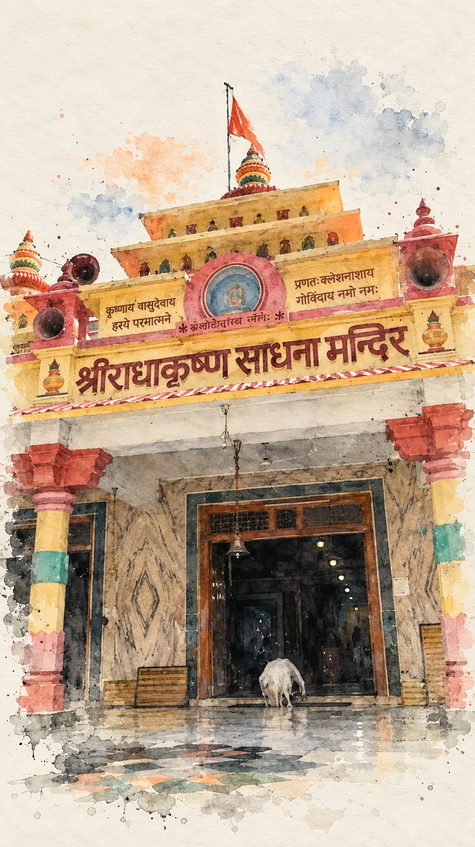 Watercolor of the yellow and red entrance to the Radha-Krishna temple at Geeta Vatika