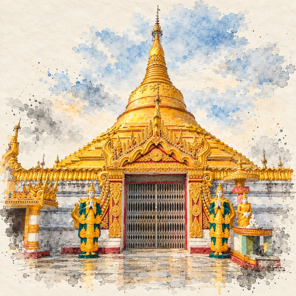 Watercolor of a golden pagoda in Kushinagar, with an ornate entrance and guardian figures