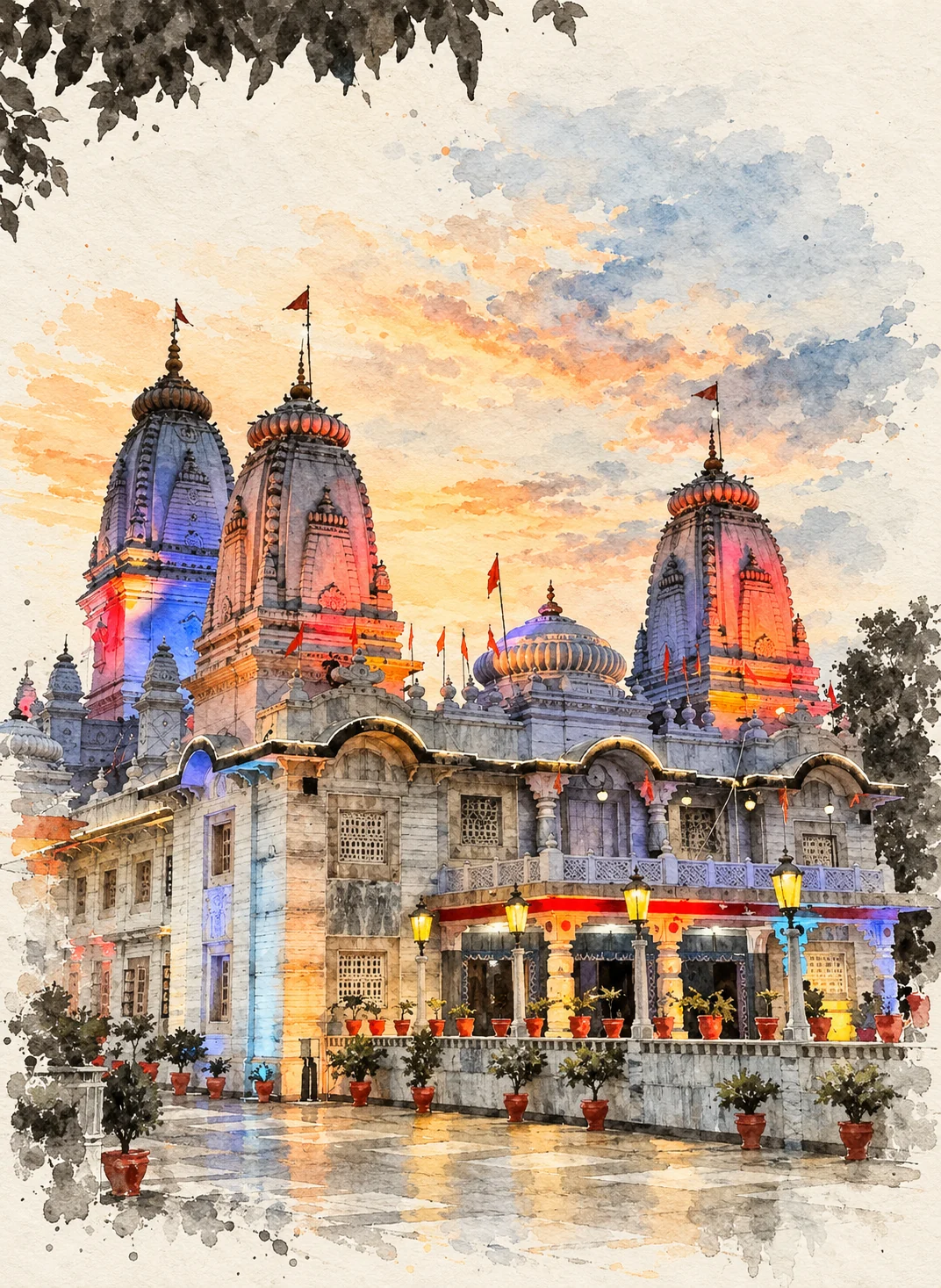 Watercolor of Gorakhnath Temple at dusk, with illuminated towers and courtyard lamps