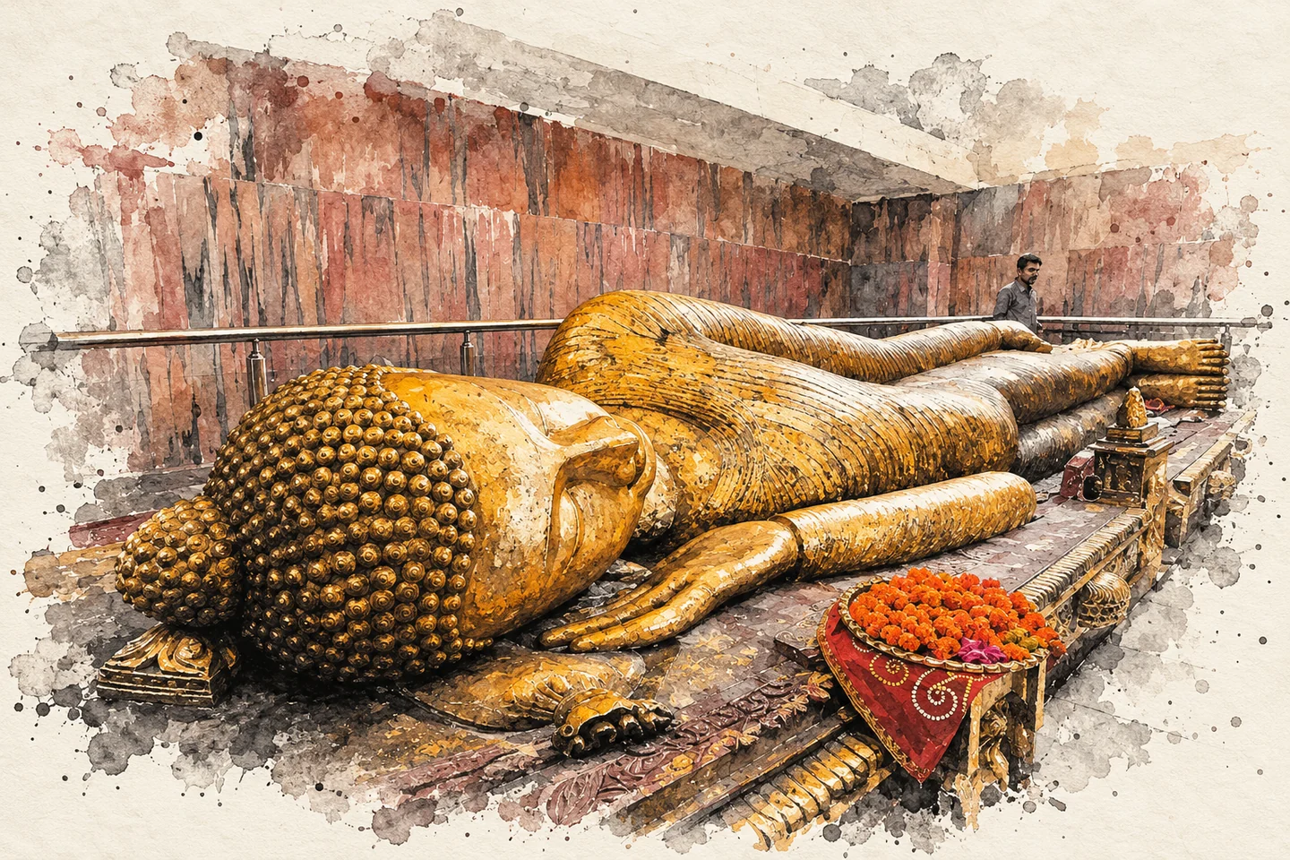 Watercolor of the reclining Buddha at Mahaparinirvana Temple, with marigold offerings in the foreground