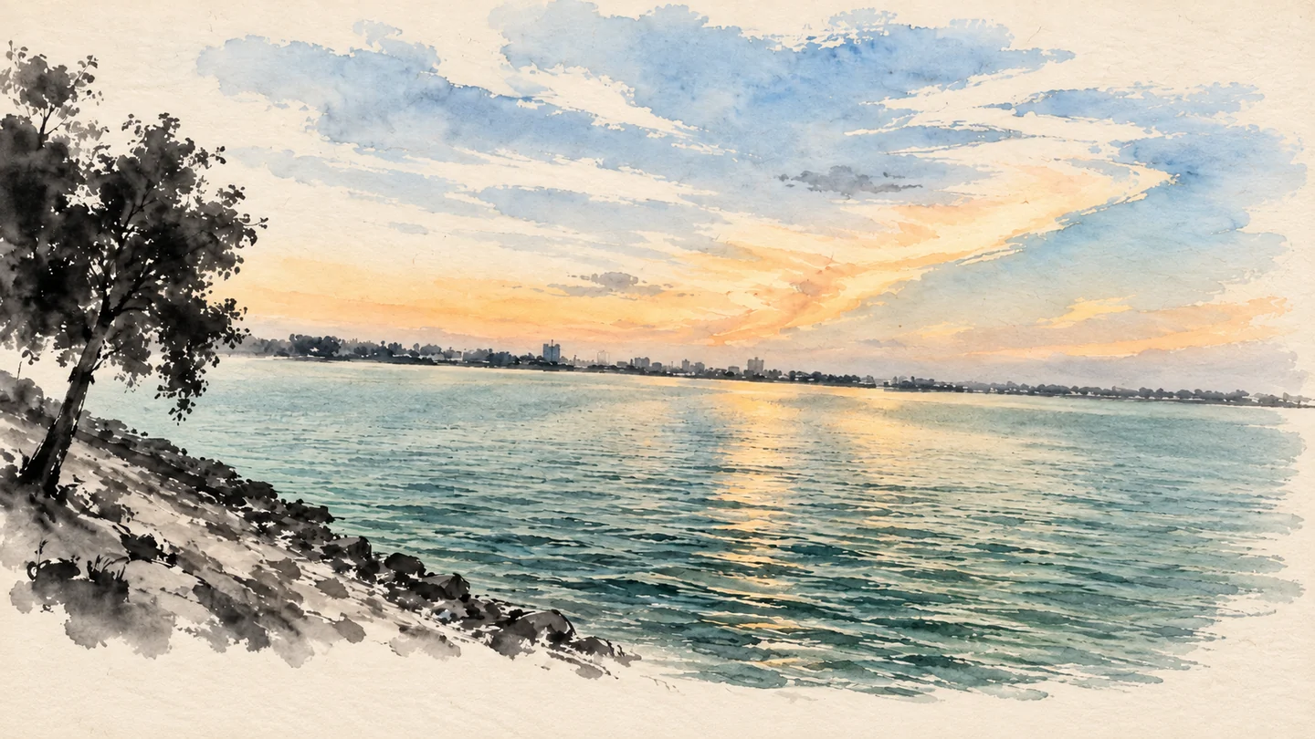 Watercolor view of Ramgarh Tal at sunset, with a tree-lined shore and light reflected on the lake